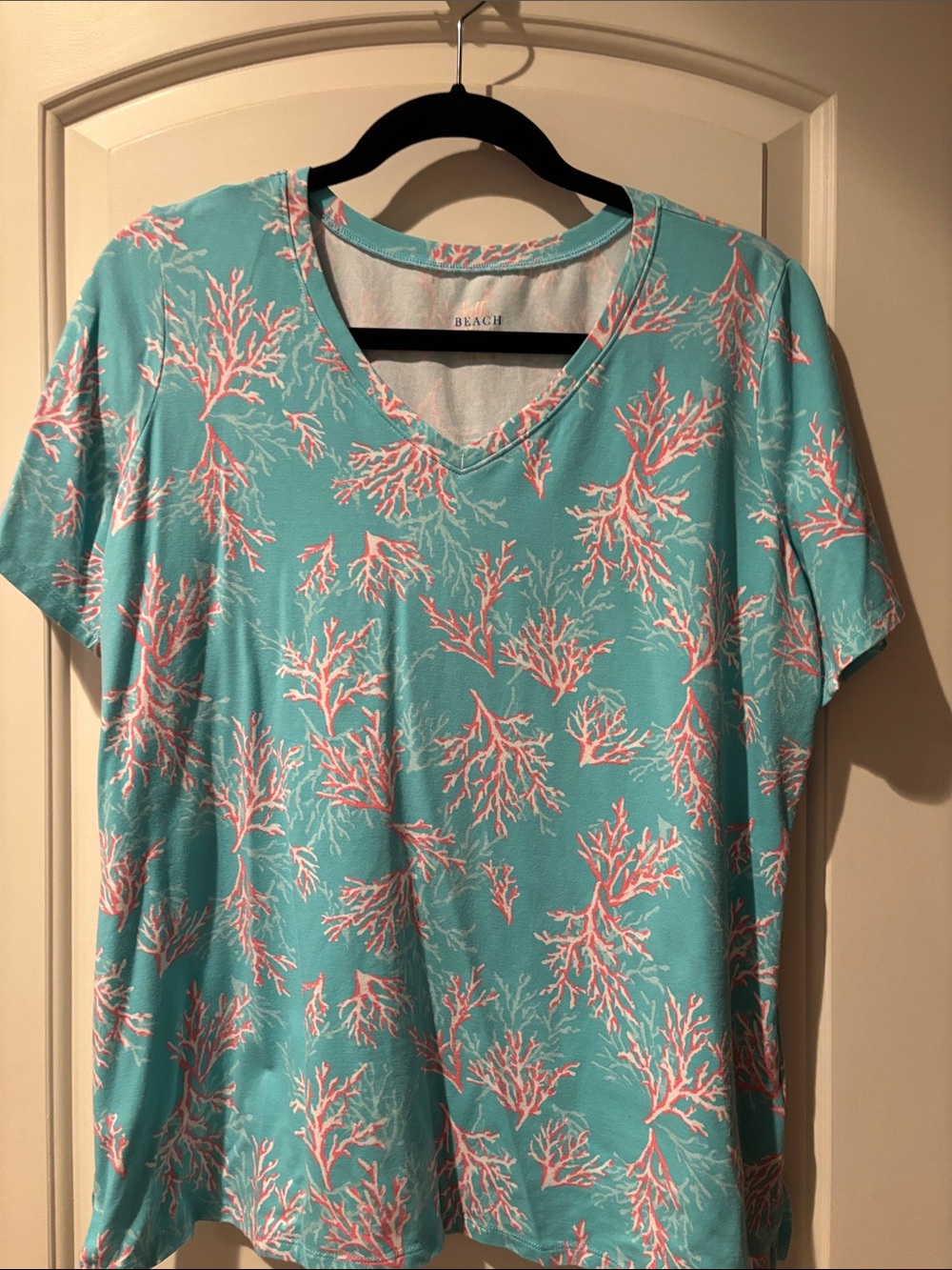 Belle by Kim Gravel Turquoise V-Neck Tee with Pink Coral Print